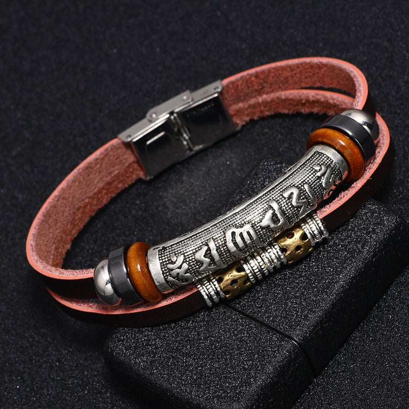 Six Words Buddha Mantra Layered Leather Bracelet