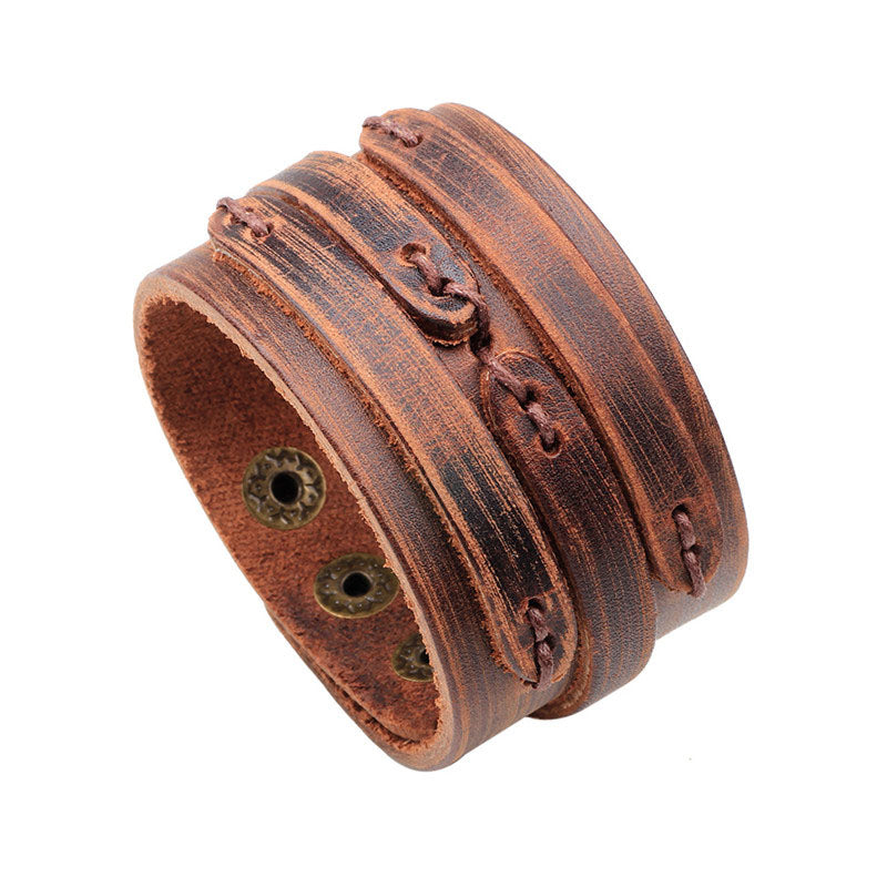 Style 104 - Men's Hand Tooled Double Strap Genuine Leather Cuff Bracelet