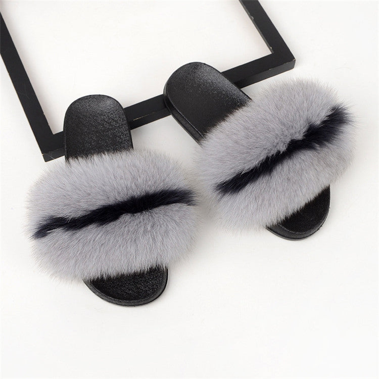 Style 113 Luxury Faux Fur Slippers ::  Black Stripe