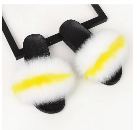 Style 113 Luxury Faux Fur Slippers :: White w/Yellow Stripe :: BEST SELLER