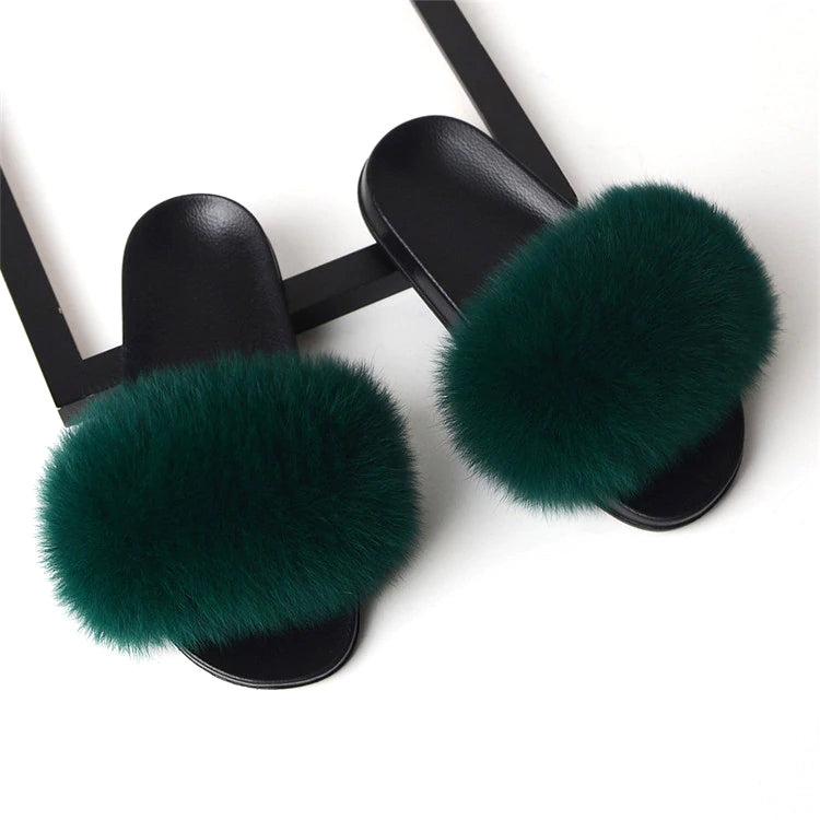 Style 113 Luxury Faux Fur Slippers ::  Forest Green  :: BEST SELLER!
