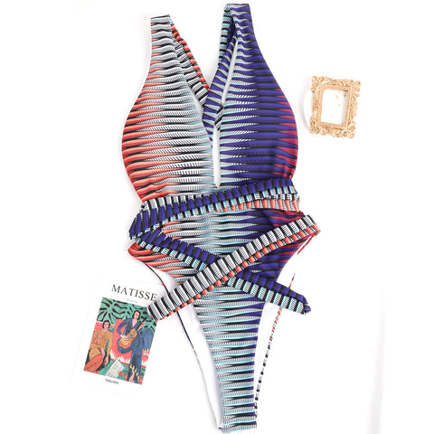 Style 2215 Boho Striped Crisscross One-Piece Swimsuit