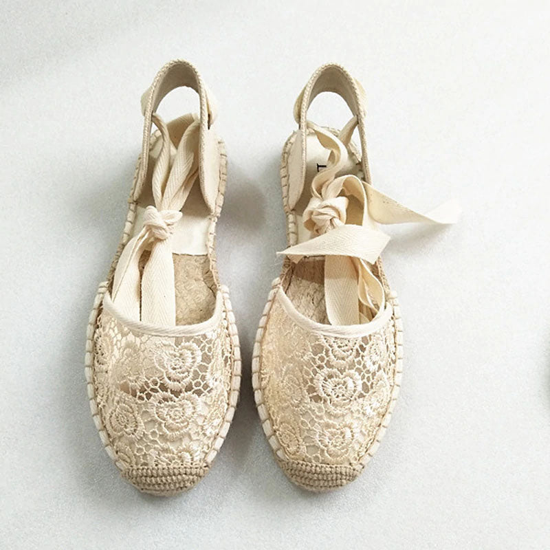 Hemp Rose Pattern Open Lace Up  Espadrilles - Available in 2 Colors