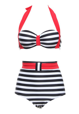 Style 502 Retro Striped Black & Red High Waist Bikini