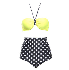 Style 505 Lime Green & Black Polka Dot Retro High Waist Bikini