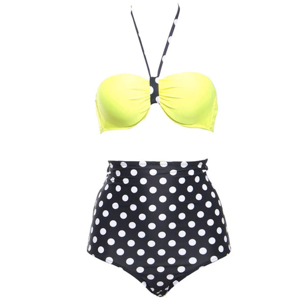 Style 505 Lime Green & Black Polka Dot Retro High Waist Bikini