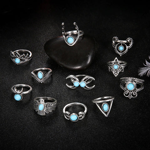 Boho Tribal Turquoise 11 - Piece Boho Midi - Ring Set