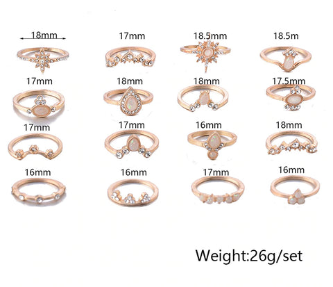 Royal Starburst Crystal Midi Ring Set  -  16-Piece Boho Midi  Ring Set - BEST SELLER