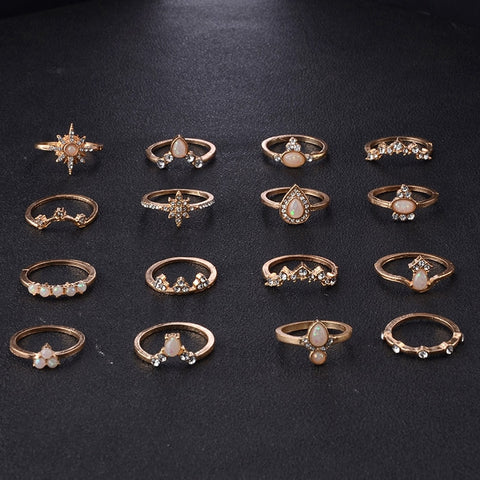 Royal Starburst Crystal Midi Ring Set  -  16-Piece Boho Midi  Ring Set - BEST SELLER