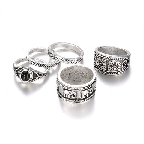 Bohemian Silver Carved Elephant Midi Ring Set  -  5-Piece Boho Midi  Ring Set -