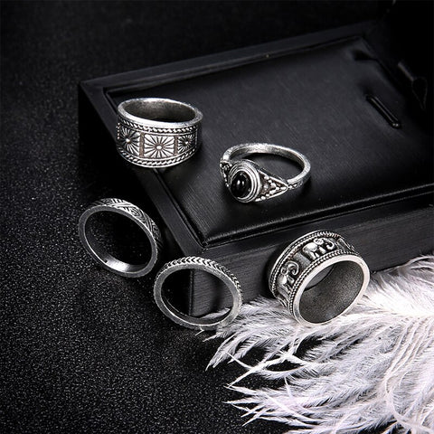 Bohemian Silver Carved Elephant Midi Ring Set  -  5-Piece Boho Midi  Ring Set -