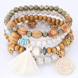 Boho Stacked Tree of Life Wooden Bead Bracelet 4 -Piece Set :: Available in 5 Colors