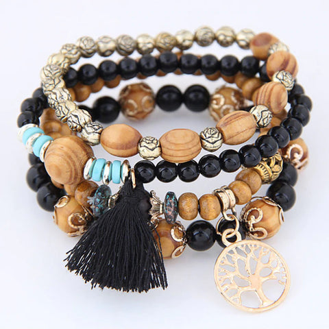 Boho Stacked Tree of Life Wooden Bead Bracelet 4 -Piece Set :: Available in 5 Colors