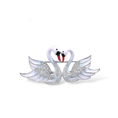 Handcrafted Kissing White Swans Luxury Brooch