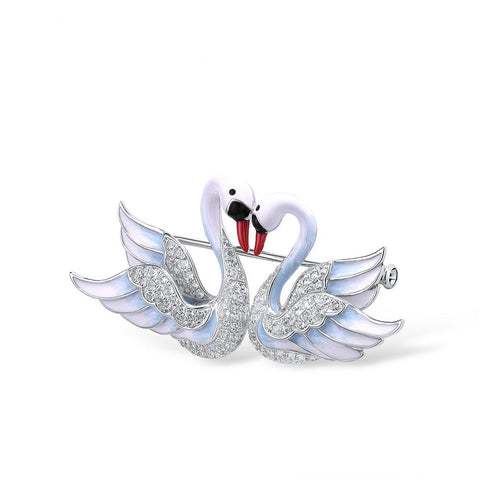 Handcrafted Kissing White Swans Luxury Brooch