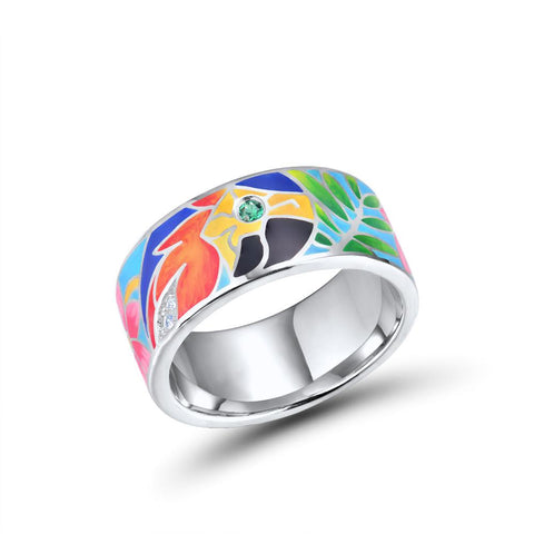 Hand Crafted Tropical Parrot Inlaid Sterling Silver Band