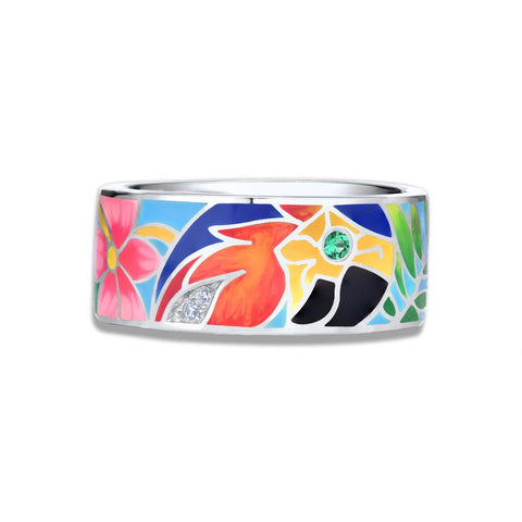 Hand Crafted Tropical Parrot Inlaid Sterling Silver Band
