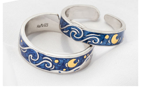 Hand Painted Van Gogh Sterling Silver Luxury Couples Rings Set -