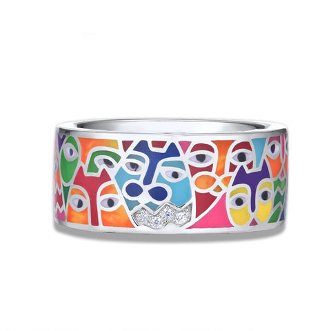 Deco Style Whimsy Cat Inlaid Sterling Silver Band