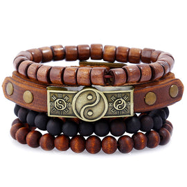 Tribal 4-Layer Ying & Yang Men's Genuine Leather & Wooden Bead Bracelet