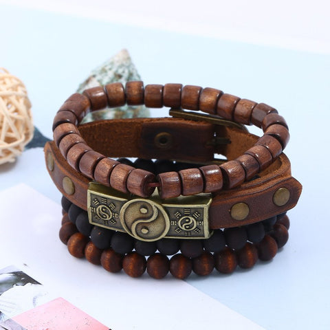 Tribal 4-Layer Ying & Yang Men's Genuine Leather & Wooden Bead Bracelet