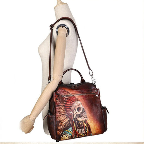 Native Mystical Skull Hand Painted Genuine Leather Backpack - Limited Quantities