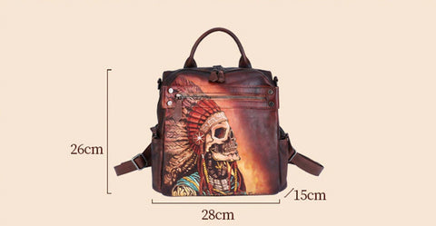 Native Mystical Skull Hand Painted Genuine Leather Backpack - Limited Quantities