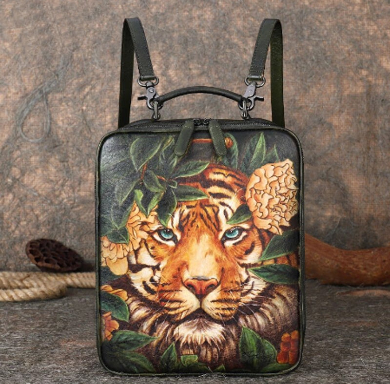 Hand Painted Tiger Square Genuine Leather Backpack - Limited Quantities