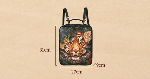 Hand Painted Tiger Square Genuine Leather Backpack - Limited Quantities